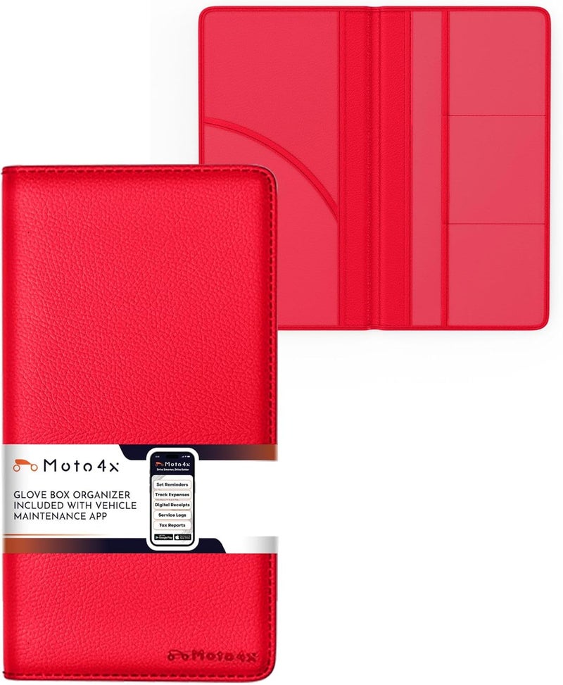 MOTO4X Red Magnetic Shut Premium PU Leather Insurance and Registration Holder, Glove Box Organizer for Car, Stylish Car Accessories, Organize Vehicle Documents with flair, Size 9.5 in x 5.1 in - Image 1